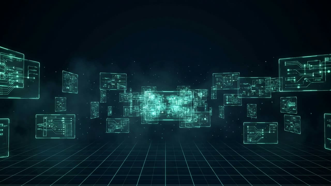 Holographic engineering diagrams glowing teal in a dark void — the opening frame of the film