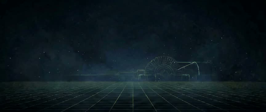 A glowing wireframe turbine in a dark digital void — the opening frame of the film